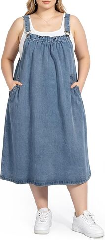 Moon Wood Plus Size Denim Overall Dress for Women Jumper Dress with Pockets Summer Casual Maxi Dress in Kuwait