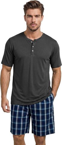 Vulcanodon Mens Pajama Set 100% Cotton Short Sleeve Sleepwear Soft Breathable Lounge Set Button Top with Pockets Cozy Pjs in Kuwait