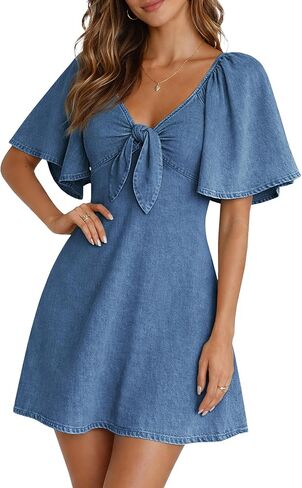 BISUAL Womens Denim Dress Bow Tie V Neck Flutter Sleeve Summer Casual Jean Dresses 2026 Western Outfits in Saudi Arabia