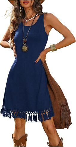 Verdusa Women's Western Fringe Tank Dresses Cowgirl Sleeveless Short Summer Dress in Kuwait