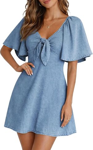 BISUAL Womens Denim Dress Bow Tie V Neck Flutter Sleeve Summer Casual Jean Dresses 2026 Western Outfits in Saudi Arabia