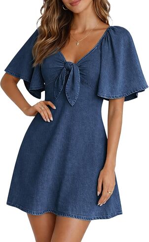 BISUAL Womens Denim Dress Bow Tie V Neck Flutter Sleeve Summer Casual Jean Dresses 2026 Western Outfits in Saudi Arabia