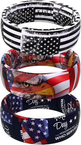 King Will Men's Silicone Wedding Ring, Patriotic American Flag Series with Breathable Inner Texture-7mm Wide 2mm Thick Durable Rubber Wedding Band in Black, Blue &Red, Flexible Size 8-11 in Kuwait