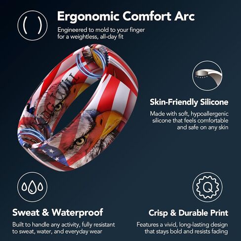 King Will Men's Silicone Wedding Ring, Patriotic American Flag Series with Breathable Inner Texture-7mm Wide 2mm Thick Durable Rubber Wedding Band in Black, Blue &Red, Flexible Size 8-11 in Kuwait
