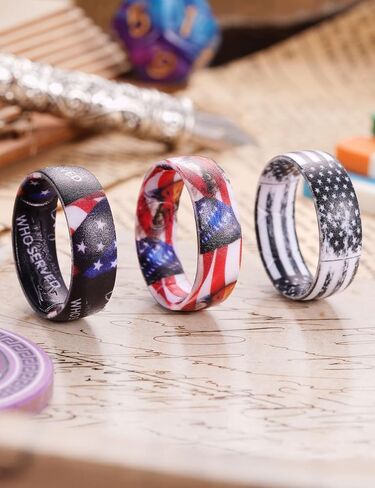King Will Men's Silicone Wedding Ring, Patriotic American Flag Series with Breathable Inner Texture-7mm Wide 2mm Thick Durable Rubber Wedding Band in Black, Blue &Red, Flexible Size 8-11 in Kuwait