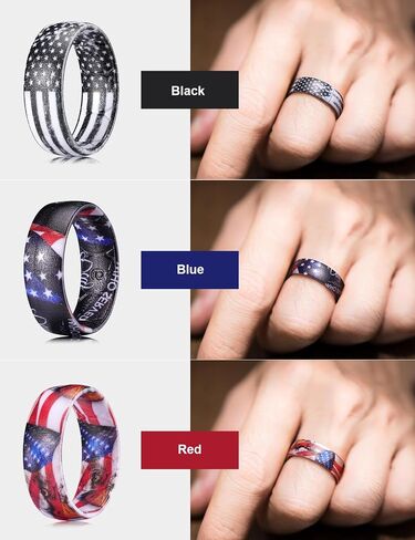 King Will Men's Silicone Wedding Ring, Patriotic American Flag Series with Breathable Inner Texture-7mm Wide 2mm Thick Durable Rubber Wedding Band in Black, Blue &Red, Flexible Size 8-11 in Kuwait