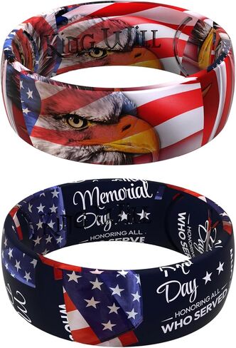King Will Men's Silicone Wedding Ring, Patriotic American Flag Series with Breathable Inner Texture-7mm Wide 2mm Thick Durable Rubber Wedding Band in Black, Blue &Red, Flexible Size 8-11 in Kuwait