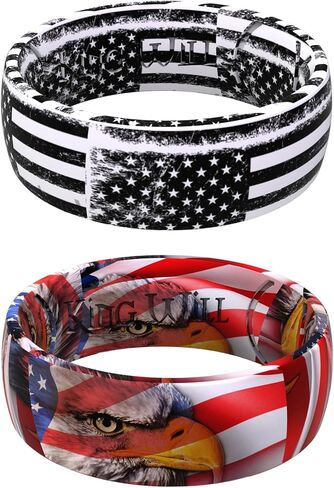 King Will Men's Silicone Wedding Ring, Patriotic American Flag Series with Breathable Inner Texture-7mm Wide 2mm Thick Durable Rubber Wedding Band in Black, Blue &Red, Flexible Size 8-11 in Kuwait