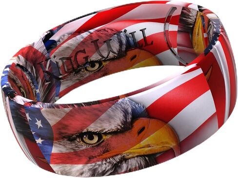 King Will Men's Silicone Wedding Ring, Patriotic American Flag Series with Breathable Inner Texture-7mm Wide 2mm Thick Durable Rubber Wedding Band in Black, Blue &Red, Flexible Size 8-11 in Kuwait