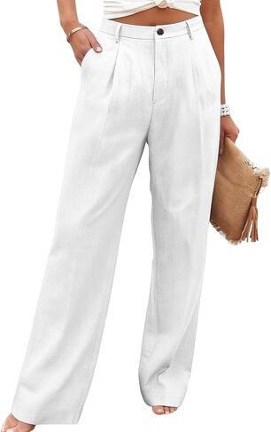 Wide Leg Pants Woman Cotton Linen Elastic Waist Lightweight Casual Solid Lounge Beach Trousers with Pockets in Saudi Arabia
