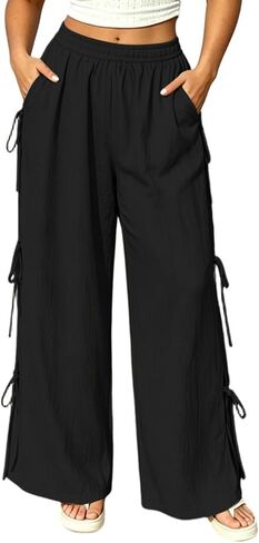 Ctreela Womens Linen Wide Leg Pants Elastic High Waist Casual Pocket Trousers with Side Bowknot Beach Vacation Clothes in Kuwait