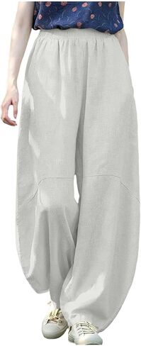 Women's Casual Cotton Linen Baggy Pants Elastic Waist Flowy Lantern Trousers Wide Leg Pant for Everyday Wear in Kuwait