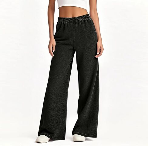 Wide Leg Pants Woman Elastic Waist Lightweight Womens Lounge Pants Solid Casual Beach Trousers with Pockets in Kuwait