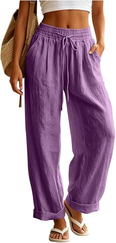 Ctreela Womens Casual Mid Waist Pants Drawstring Elastic Lounge Trousers Baggy Roll up Straight Leg Pant with Pockets in Kuwait