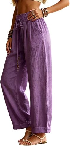 Ctreela Womens Casual Mid Waist Pants Drawstring Elastic Lounge Trousers Baggy Roll up Straight Leg Pant with Pockets in Kuwait