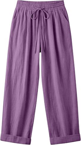 Ctreela Womens Casual Mid Waist Pants Drawstring Elastic Lounge Trousers Baggy Roll up Straight Leg Pant with Pockets in Kuwait