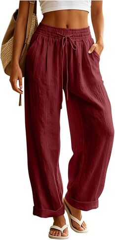 Ctreela Womens Casual Mid Waist Pants Drawstring Elastic Lounge Trousers Baggy Roll up Straight Leg Pant with Pockets in Kuwait