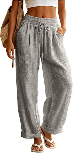 Ctreela Womens Casual Mid Waist Pants Drawstring Elastic Lounge Trousers Baggy Roll up Straight Leg Pant with Pockets in Kuwait