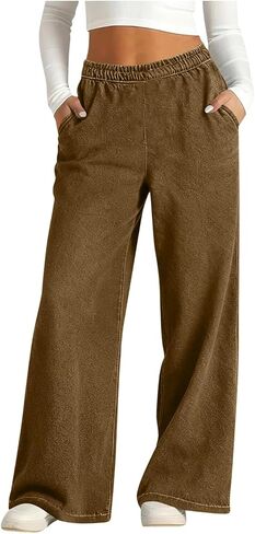 Wide Leg Pants Woman Elastic Waist Lightweight Womens Lounge Pants Solid Casual Beach Trousers with Pockets in Kuwait