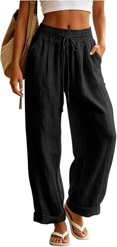 Ctreela Womens Casual Mid Waist Pants Drawstring Elastic Lounge Trousers Baggy Roll up Straight Leg Pant with Pockets in Kuwait