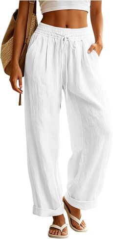 Ctreela Womens Casual Mid Waist Pants Drawstring Elastic Lounge Trousers Baggy Roll up Straight Leg Pant with Pockets in Kuwait