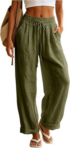 Ctreela Womens Casual Mid Waist Pants Drawstring Elastic Lounge Trousers Baggy Roll up Straight Leg Pant with Pockets in Kuwait