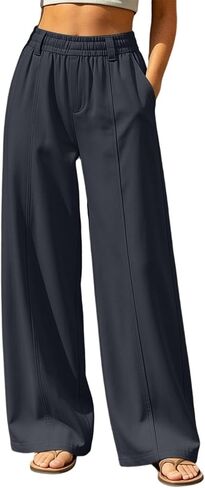 Women's Wide Leg Pants Elastic Waist Pull On Trousers with Pockets Casual Vacation Workout in Saudi Arabia