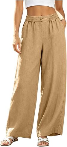 Ctreela Women's Linen Wide Leg Pants Drawstring Elastic High Waisted Flowy Boho Lounge Trousers Lounge Travel Outfits in Kuwait