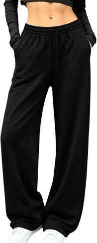 Wide Leg Pants for Women Drawstring High Elastic Waist Loose Casual Sweatpants with Pockets Workout Daily Wear in Kuwait