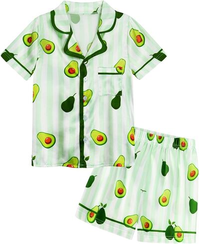 Jurebecia Girls Pajamas Set Silk Satin Pajama Kids 2 Piece Short Sleeve Butoon Down Sleepwear Nightwear in Saudi Arabia