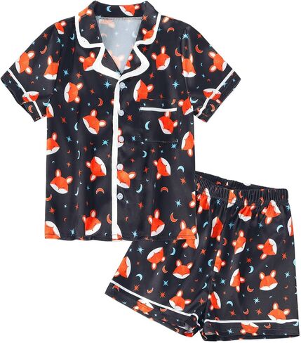 Jurebecia Girls Pajamas Set Silk Satin Pajama Kids 2 Piece Short Sleeve Butoon Down Sleepwear Nightwear in Saudi Arabia