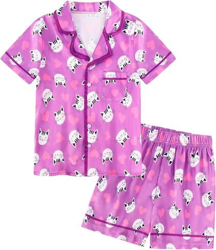 Jurebecia Girls Pajamas Set Silk Satin Pajama Kids 2 Piece Short Sleeve Butoon Down Sleepwear Nightwear in Saudi Arabia