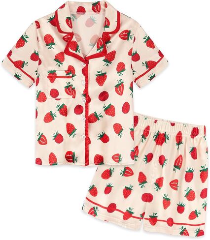 Jurebecia Girls Pajamas Set Silk Satin Pajama Kids 2 Piece Short Sleeve Butoon Down Sleepwear Nightwear in Saudi Arabia