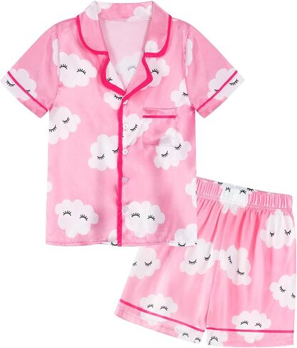 Jurebecia Girls Pajamas Set Silk Satin Pajama Kids 2 Piece Short Sleeve Butoon Down Sleepwear Nightwear in Saudi Arabia