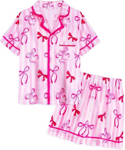 Jurebecia Girls Pajamas Set Silk Satin Pajama Kids 2 Piece Short Sleeve Butoon Down Sleepwear Nightwear in Saudi Arabia