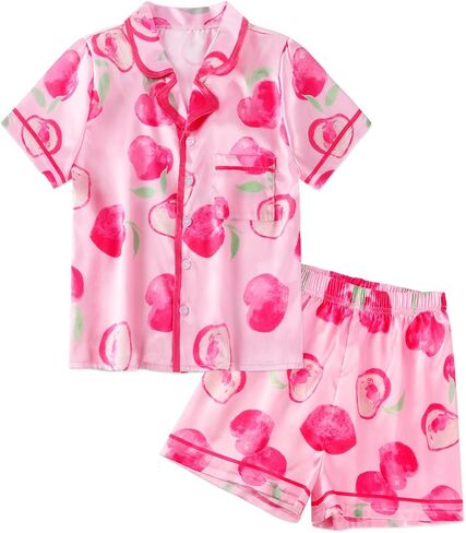 Jurebecia Girls Pajamas Set Silk Satin Pajama Kids 2 Piece Short Sleeve Butoon Down Sleepwear Nightwear in Saudi Arabia