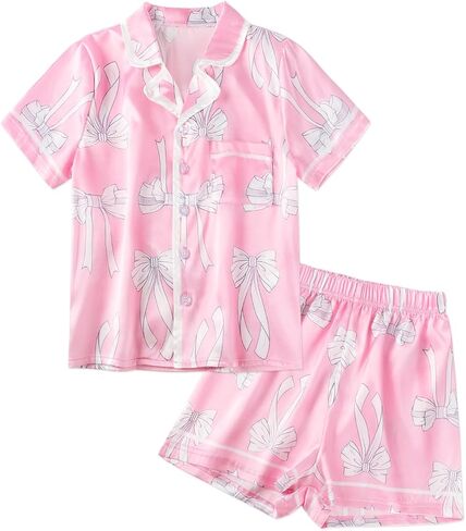 Jurebecia Girls Pajamas Set Silk Satin Pajama Kids 2 Piece Short Sleeve Butoon Down Sleepwear Nightwear in Saudi Arabia