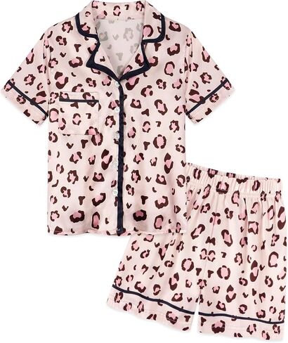 Jurebecia Girls Pajamas Set Silk Satin Pajama Kids 2 Piece Short Sleeve Butoon Down Sleepwear Nightwear in Saudi Arabia