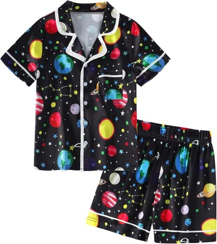 Jurebecia Girls Pajamas Set Silk Satin Pajama Kids 2 Piece Short Sleeve Butoon Down Sleepwear Nightwear in Saudi Arabia