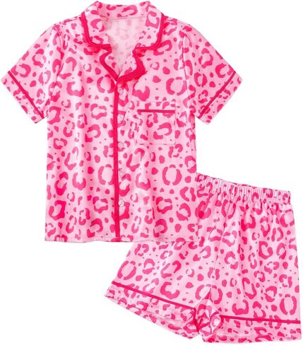Jurebecia Girls Pajamas Set Silk Satin Pajama Kids 2 Piece Short Sleeve Butoon Down Sleepwear Nightwear in Saudi Arabia