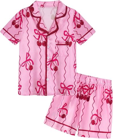 Jurebecia Girls Pajamas Set Silk Satin Pajama Kids 2 Piece Short Sleeve Butoon Down Sleepwear Nightwear in Saudi Arabia
