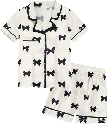 Jurebecia Girls Pajamas Set Silk Satin Pajama Kids 2 Piece Short Sleeve Butoon Down Sleepwear Nightwear in Saudi Arabia
