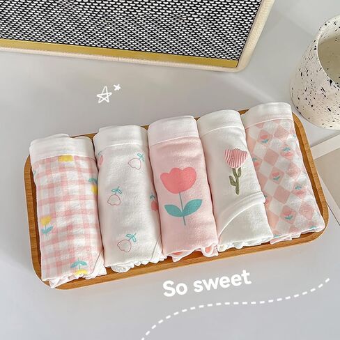Women’s Cute Panties 5 Pack, Pink Tulip Floral Soft Breathable Kawaii Mid-Rise Underwear Briefs for Girls in Saudi Arabia