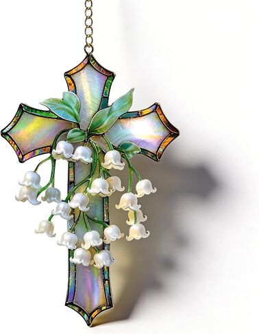 Hand-Painted Lily of The Valley Cross Pendant, Acrylic Religious Cross Hanging Ornament, Floral Lily of The Home Decor, Suitable Home Decor for Living Room, Easter, Baptism, Home Church Decor (4in) in Saudi Arabia