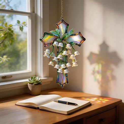 Hand-Painted Lily of The Valley Cross Pendant, Acrylic Religious Cross Hanging Ornament, Floral Lily of The Home Decor, Suitable Home Decor for Living Room, Easter, Baptism, Home Church Decor (4in) in Saudi Arabia