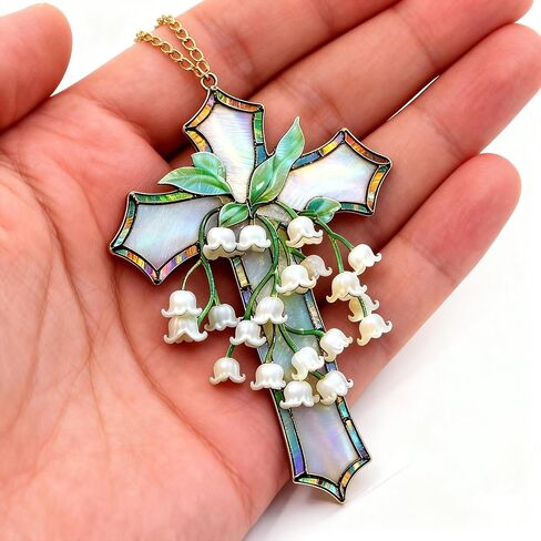 Hand-Painted Lily of The Valley Cross Pendant, Acrylic Religious Cross Hanging Ornament, Floral Lily of The Home Decor, Suitable Home Decor for Living Room, Easter, Baptism, Home Church Decor (4in) in Saudi Arabia