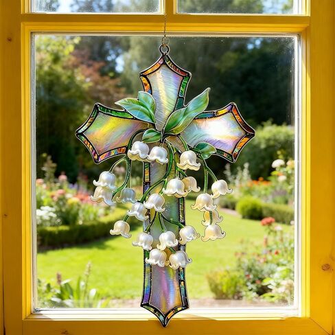 Hand-Painted Lily of The Valley Cross Pendant, Acrylic Religious Cross Hanging Ornament, Floral Lily of The Home Decor, Suitable Home Decor for Living Room, Easter, Baptism, Home Church Decor (4in) in Saudi Arabia