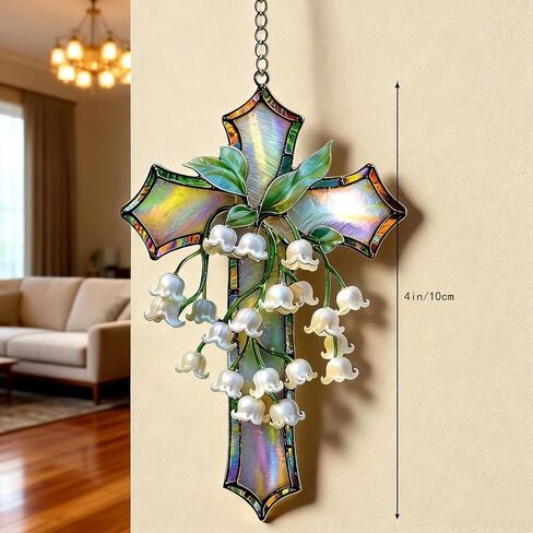 Hand-Painted Lily of The Valley Cross Pendant, Acrylic Religious Cross Hanging Ornament, Floral Lily of The Home Decor, Suitable Home Decor for Living Room, Easter, Baptism, Home Church Decor (4in) in Saudi Arabia