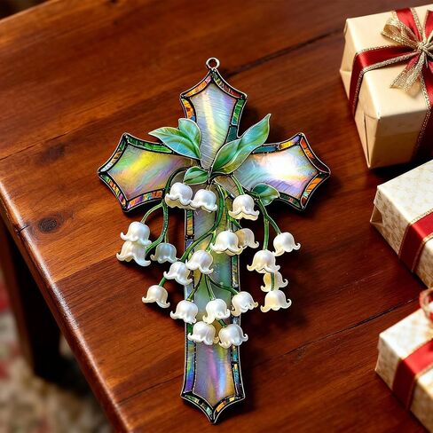 Hand-Painted Lily of The Valley Cross Pendant, Acrylic Religious Cross Hanging Ornament, Floral Lily of The Home Decor, Suitable Home Decor for Living Room, Easter, Baptism, Home Church Decor (4in) in Saudi Arabia
