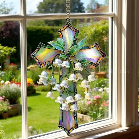 Hand-Painted Lily of The Valley Cross Pendant, Acrylic Religious Cross Hanging Ornament, Floral Lily of The Home Decor, Suitable Home Decor for Living Room, Easter, Baptism, Home Church Decor (4in) in Saudi Arabia